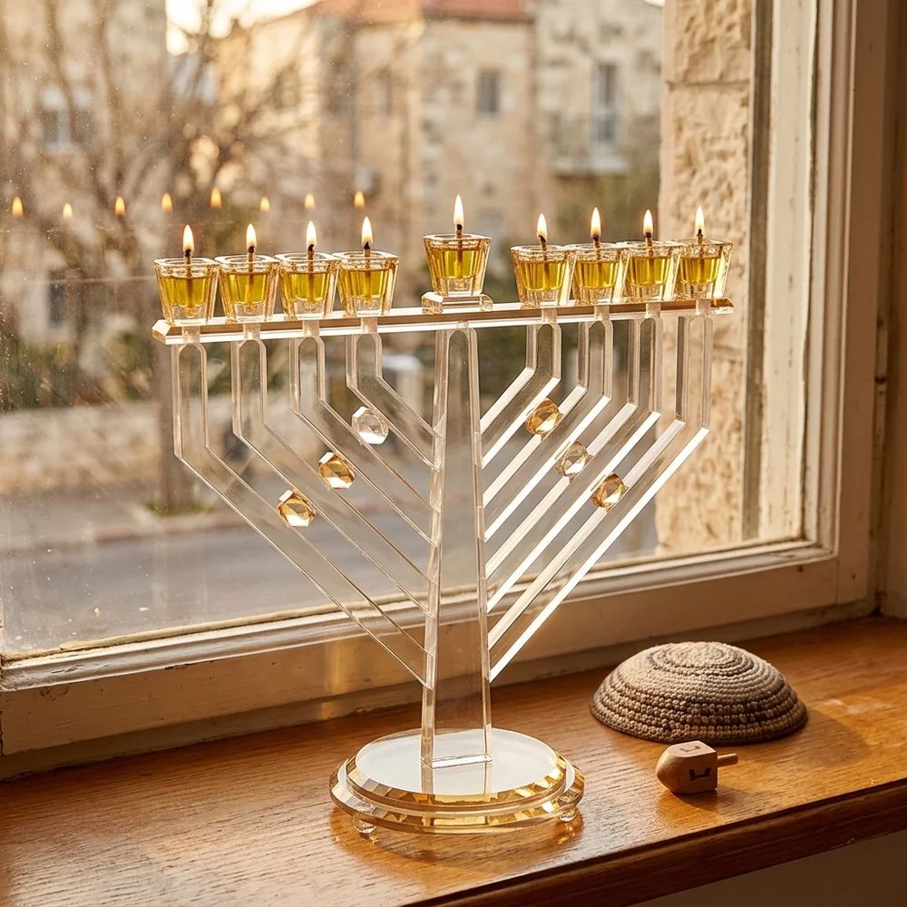 חנוכייה מקריסטל שקוף עם קנים באלכסון ואבני קריסטל – החנוכייה דולקת בערב חנוכה