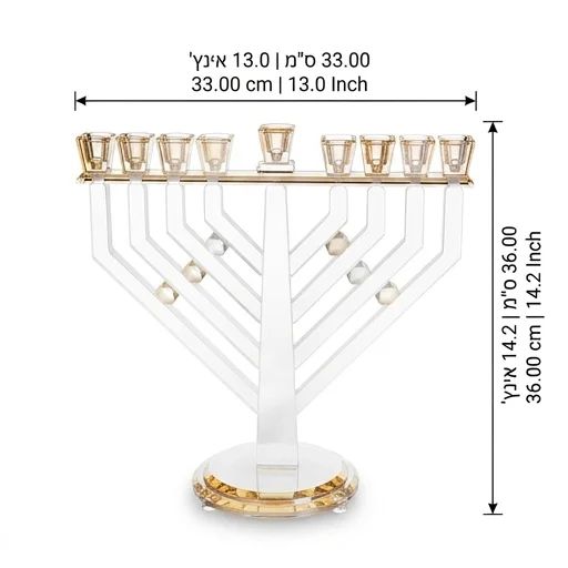 חנוכייה מקריסטל שקוף עם קנים באלכסון ואבני קריסטל – תמונת מידות: 36*33 ס"מ