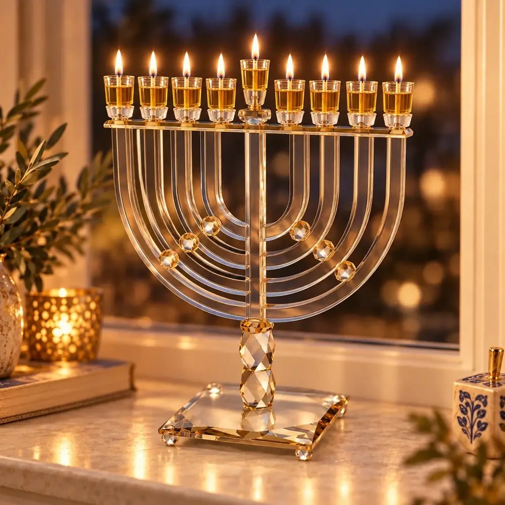 חנוכייה גבוהה מקריסטל שקוף בשילוב זהב עם אבני זהב – החנוכייה דולקת בערב חנוכה
