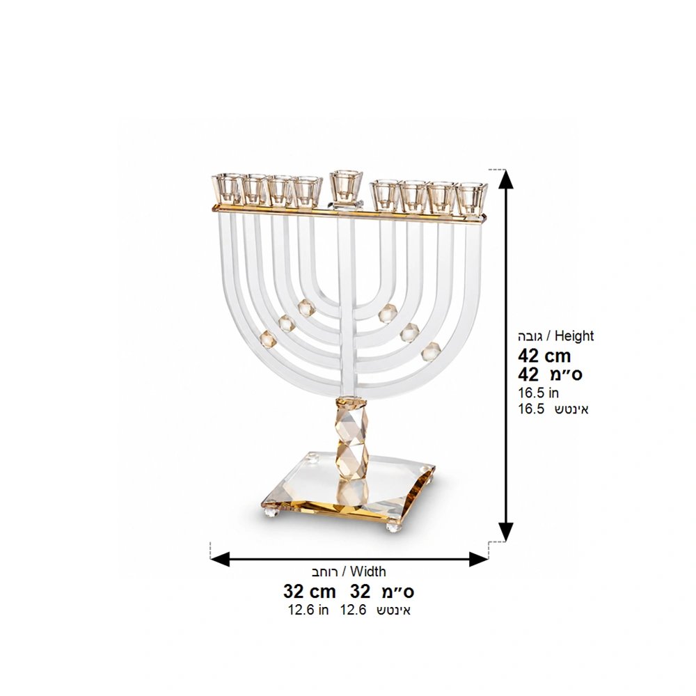 חנוכייה גבוהה מקריסטל שקוף בשילוב זהב עם אבני זהב – תמונת מידות: 42*32 ס"מ
