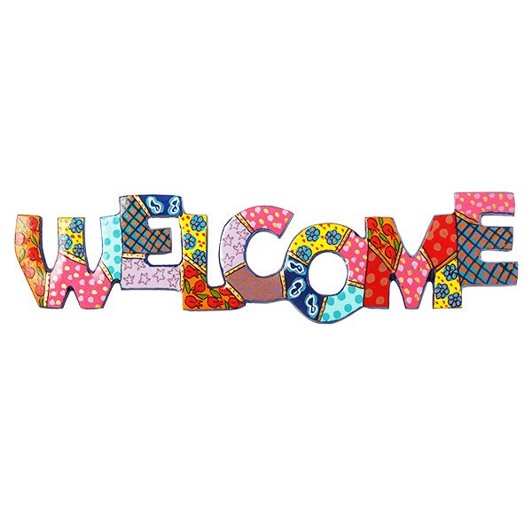 סטנד "WELCOME" ממתכת מושלם ( 31.5 * 38 ס"מ ) לתלייה על הקיר - קישוט צבעוני אותיות מרחפות. בצביעה צבעונית לברך את פני הבאים. פריט ייחודי ומרשים עם איכות גימור מעולה! מעוצב ומיוצר ע"י האמן הירושלמי יאיר עמנואל. מחיר מבצע מיוחד מתנות ישראל