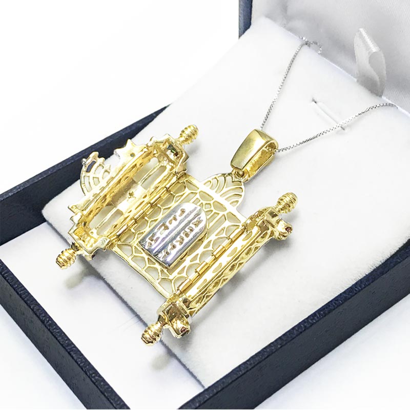 Torah scroll necklace (4.5*2.2 cm) open, 925 silver, gold/silver plating, white and blue crystals