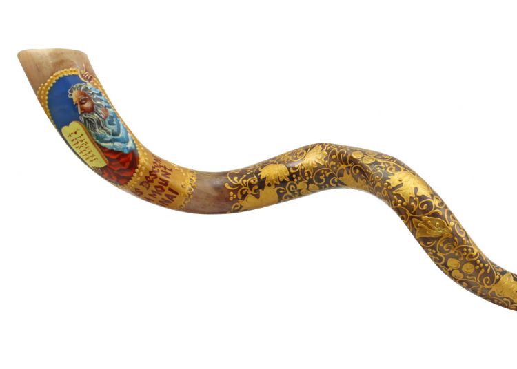 Huge Kudo Shofar (101-111 cm) with a handmade painting of "Moses and the Tablets of the Covenant" by artist Sarit Romano