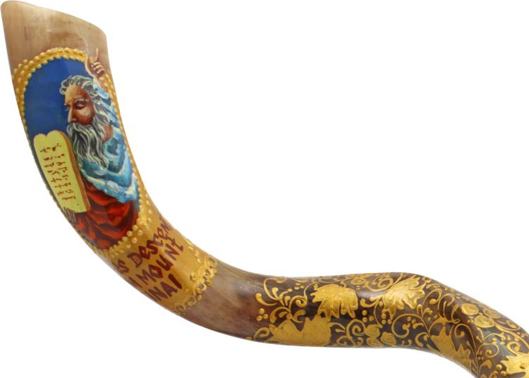 Huge Kudo Shofar (101-111 cm) with a handmade painting of "Moses and the Tablets of the Covenant" by artist Sarit Romano