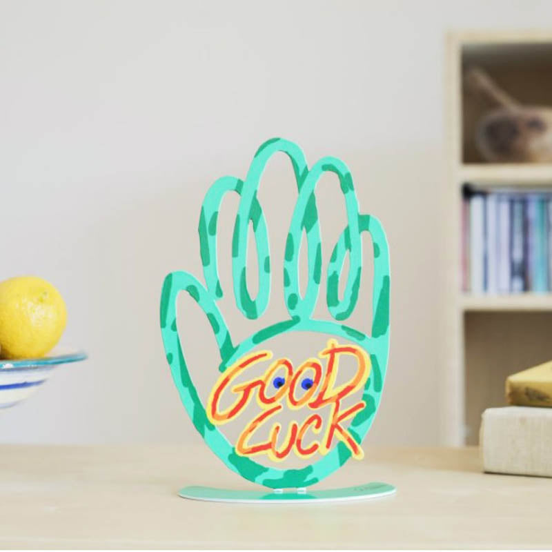 "Hamsa" stand (23*14.5 cm) "Good Luck" colorful handwritten metal laser cut, by artist David Gerstein