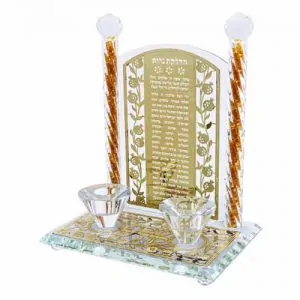 פמוטי קריסטל זהב עם פלקטה הדלקת נרות "ירושלים" 25 ס"מ