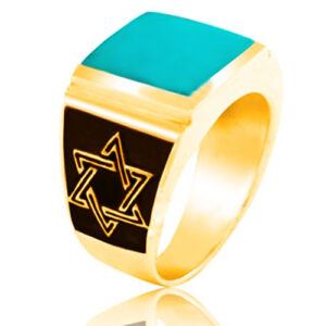 טבעת לגבר "מגן דוד" עם ציפוי זהב 14 קראט משובץ אבן טורקיז